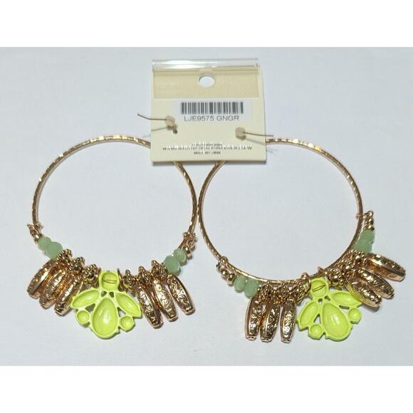 MIA Collection Hoop Earrings Gold Tone Green Beads Neon Yellow Dangle Statement - Picture 7 of 8